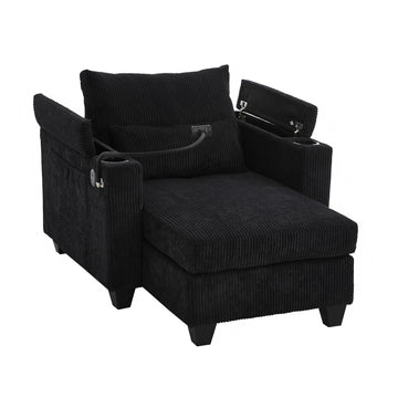 Convertible Chaise Lounge 37.4 inch Sofa Chair Sofa Bed Corduroy Sleeper Sofa with USB Ports Two Cup Holders Phone Holder and Ample Storage Space for Living Room and Bedroom Black