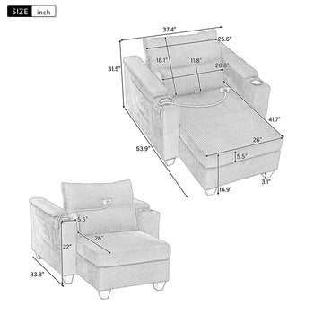 Convertible Chaise Lounge 37.4 inch Sofa Chair Sofa Bed Corduroy Sleeper Sofa with USB Ports Two Cup Holders Phone Holder and Ample Storage Space for Living Room and Bedroom Grey