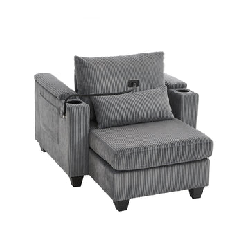Convertible Chaise Lounge 37.4 inch Sofa Chair Sofa Bed Corduroy Sleeper Sofa with USB Ports Two Cup Holders Phone Holder and Ample Storage Space for Living Room and Bedroom Grey