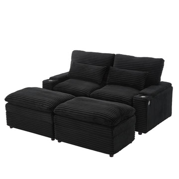 Loveseat Sofa 70.9 inch Free-combined Sectional Convertible Sofa Bed with Storage Space Two Movable Ottomans Four USB Ports and Two Cup Holders for Living Room Black