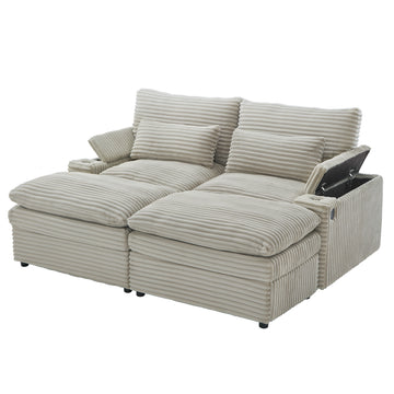 Loveseat Sofa 70.9 inch Free-combined Sectional Convertible Sofa Bed with Storage Space Two Movable Ottomans Four USB Ports and Two Cup Holders for Living Room Grey