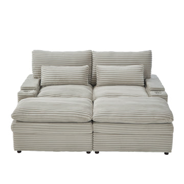 Loveseat Sofa 70.9 inch Free-combined Sectional Convertible Sofa Bed with Storage Space Two Movable Ottomans Four USB Ports and Two Cup Holders for Living Room Grey