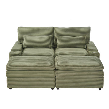 Loveseat Sofa 70.9 inch Free-combined Sectional Convertible Sofa Bed with Storage Space Two Movable Ottomans Four USB Ports and Two Cup Holders for Living Room Green