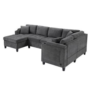 Modern U-shaped Sectional Sofa 115.7 in. Corner Sectional Living Room Couch Oversized Sectional with with Built-in Cup Holders, Storage Space and USB Ports for Living Room, Grey