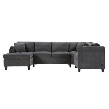 Modern U-shaped Sectional Sofa 115.7 in. Corner Sectional Living Room Couch Oversized Sectional with with Built-in Cup Holders, Storage Space and USB Ports for Living Room, Grey