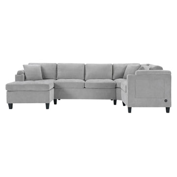 Modern U-shaped Sectional Sofa 115.7 in. Corner Sectional Living Room Couch Oversized Sectional with with Built-in Cup Holders, Storage Space and USB Ports for Living Room, Light Grey