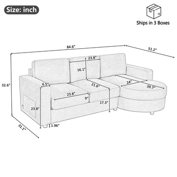 Modern Sectional Sofa 84.6 in. L-shaped Sofa Couch with a Curved Chaise Lounge, USB Ports and Side Storage Pockets for Living Room, Yellow
