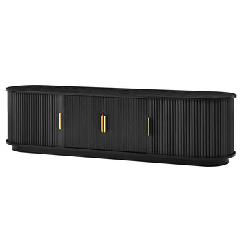 Farmhouse Wooden TV Stand with Sliding Tambour Door for TVs up to 75 Inch Fluted Media Console with Adjustable Storage Black