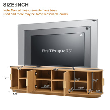 Farmhouse Wooden TV Stand with Sliding Tambour Door for TVs up to 75 Inch Fluted Media Console with Adjustable Storage Natural