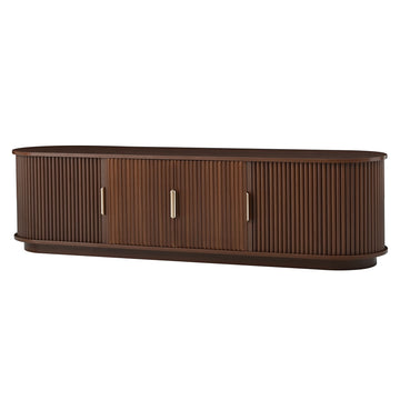 Farmhouse Wooden TV Stand with Sliding Tambour Door for TVs up to 75 Inch Fluted Media Console with Adjustable Storage Walnut