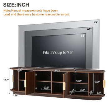Farmhouse Wooden TV Stand with Sliding Tambour Door for TVs up to 75 Inch Fluted Media Console with Adjustable Storage Walnut