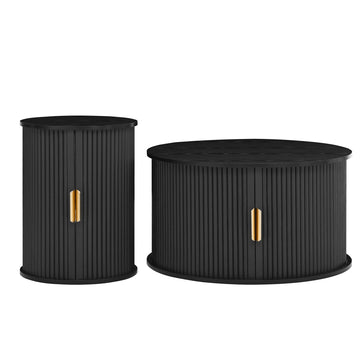Mid Century Coffee Table Set with Sliding Tambour Door Fluted Round End Table with Storage Black