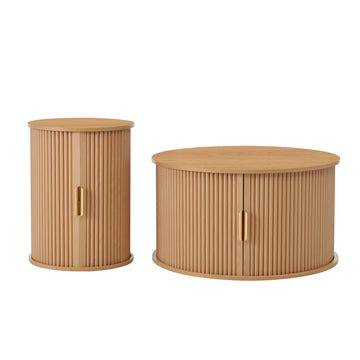 Mid Century Coffee Table Set with Sliding Tambour Door Fluted Round End Table with Storage Natural