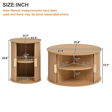Mid Century Coffee Table Set with Sliding Tambour Door Fluted Round End Table with Storage Natural