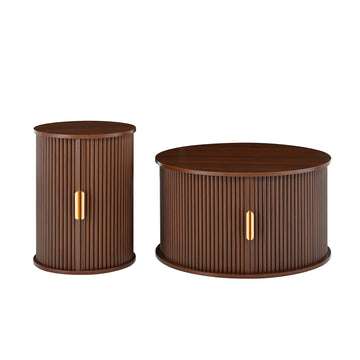 Mid Century Coffee Table Set with Sliding Tambour Door Fluted Round End Table with Storage Walnut