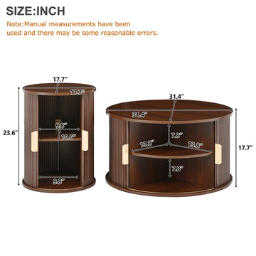 Mid Century Coffee Table Set with Sliding Tambour Door Fluted Round End Table with Storage Walnut