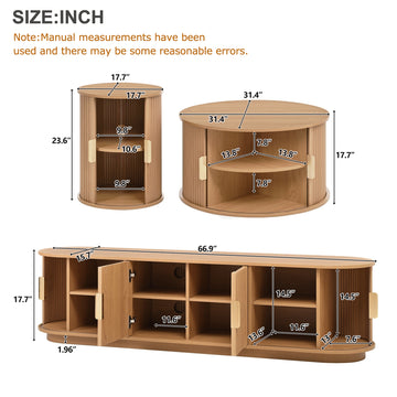 Wood TV Stand and Coffee Table Set with Fluted Sliding Door for TVs up to 75 Inch Golden Handles Natural Teak