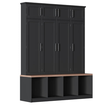 Farmhouse Hall Tree with Hidden Hooks, Walnut Bench, 8 Door Entryway Shoe Cabinet, Open Storage, Black