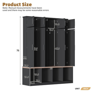 Farmhouse Hall Tree with Hidden Hooks, Walnut Bench, 8 Door Entryway Shoe Cabinet, Open Storage, Black