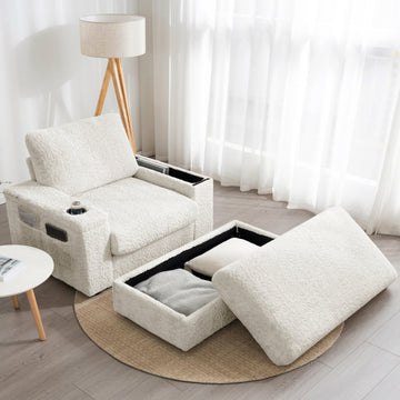Faux Rabbit Fur Sofa with Storage Ottoman and Armrests, Cup Holders, Upholstered Sleeper Chair, Chaise Lounge, Reading