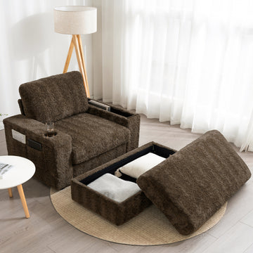 Faux Rabbit Fur Sofa with Storage Ottoman and Armrests, Cup Holders, Upholstered Sleeper Chair, Chaise Lounge, Reading