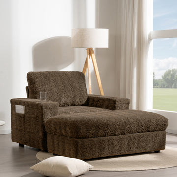 Faux Rabbit Fur Sofa with Storage Ottoman and Armrests, Cup Holders, Upholstered Sleeper Chair, Chaise Lounge, Reading