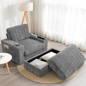 Faux Rabbit Fur Sofa with Storage Ottoman and Armrests, Cup Holders, Upholstered Sleeper Chair, Chaise Lounge, Reading