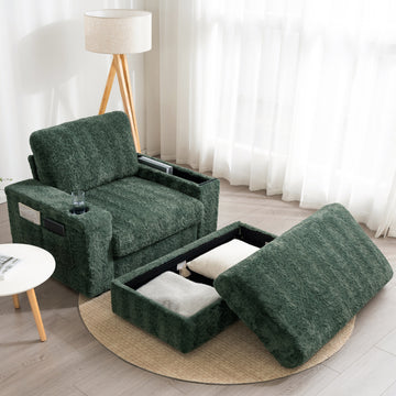 Faux Rabbit Fur Sofa with Storage Ottoman and Armrests, Cup Holders, Upholstered Sleeper Chair, Chaise Lounge, Reading