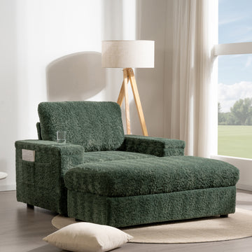 Faux Rabbit Fur Sofa with Storage Ottoman and Armrests, Cup Holders, Upholstered Sleeper Chair, Chaise Lounge, Reading