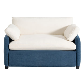 Oversized Chenille Single Sofa Chair 50x43 Inch Wide and Deep Seat Modern Color Blocking Armchair with Pillows Cream Blue