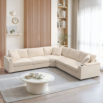 L Shaped Sectional Sofa Corduroy Sectional Couch Storage & USB Charger Beige 5 Seat