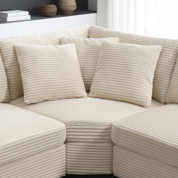 L Shaped Sectional Sofa Corduroy Sectional Couch Storage & USB Charger Beige 5 Seat