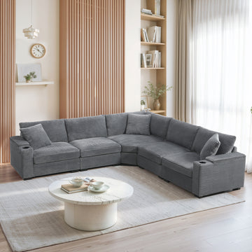 L Shaped Sectional Sofa Corduroy Sectional Couch Storage & USB Charger Gray 5 Seat