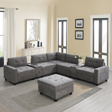 6 Seat Gray Chenille U Shaped Sectional Sofa with Two Consoles USB Charger Acrylic Table Top