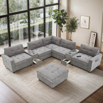 6 Seat Gray Chenille U Shaped Sectional Sofa with Two Consoles USB Charger Acrylic Table Top