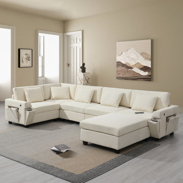 6 Seat Off White Chenille U Shaped Modular Sofa with Hidden Armrest Storage USB Charger