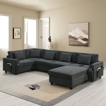 6 Seat Black Chenille U Shaped Modular Sofa with Hidden Armrest Storage USB Charger