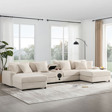 6 Seat Couch Bluetooth Speakers Deep and Wide Seat Living Room Sofa Cream Corduroy