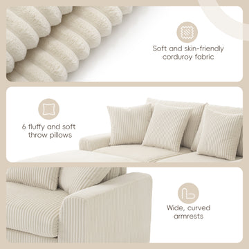 6 Seat Couch Bluetooth Speakers Deep and Wide Seat Living Room Sofa Cream Corduroy