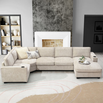 6 Seat Couch Oversized Chaise Deep and Wide Seat Living Room Sofa Beige Chenille