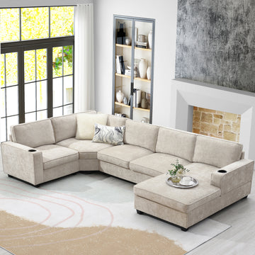 6 Seat Couch Oversized Chaise Deep and Wide Seat Living Room Sofa Beige Chenille