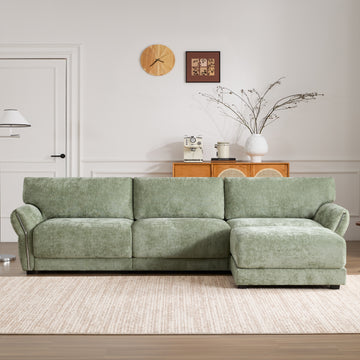 Modular Sectional Sofa L Shape Petal Armrest Design Green Chenille 4 Seat