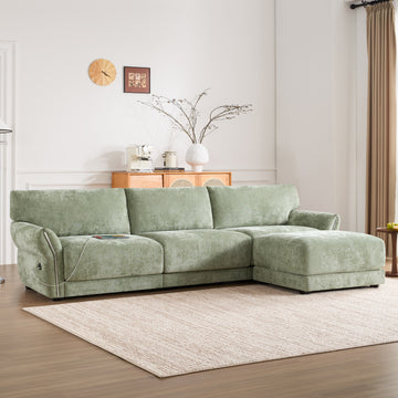 Modular Sectional Sofa L Shape Petal Armrest Design Green Chenille 4 Seat