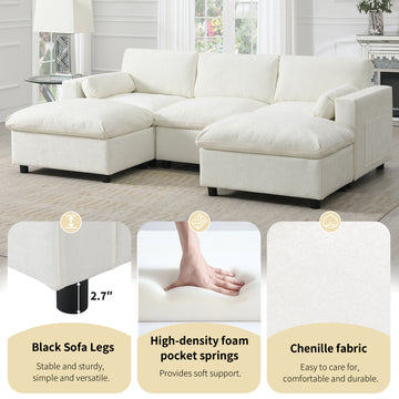 Cloud Sofa U-Shaped Sectional Sofa Armrest Pillows White Chenille