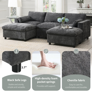 Cloud Sofa U-Shaped Sectional Sofa Armrest Pillows Dark Gray Chenille