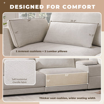 L Shaped Sectional Sofa Multi Functional Storage Console Wider Thicker Cushion Beige Chenille