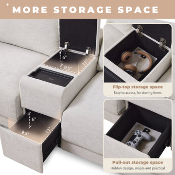 L Shaped Sectional Sofa Multi Functional Storage Console Wider Thicker Cushion Beige Chenille