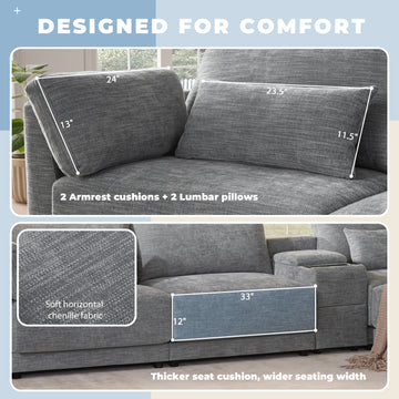 L-Shaped Sectional Sofa Multi-Functional Storage Console Wider&Thicker Cushion Gray Chenille