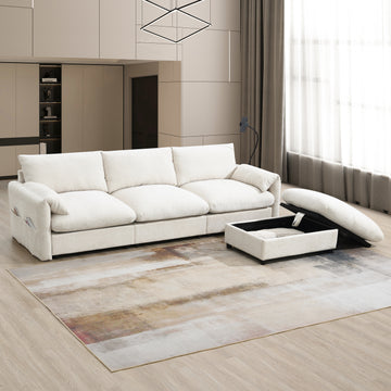 L-Shaped Sectional Sofa Storage Adjustable Phone Holder Beige Chenille 4 Seat