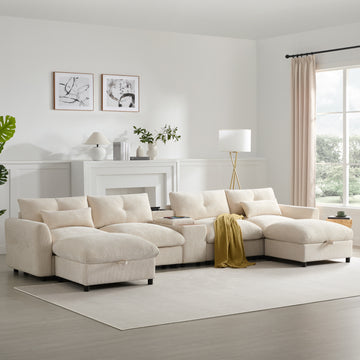 Modular Sectional Sofa Pull-line&Tufted Design USB Charger Movable Storage Ottoman Beige Chenille